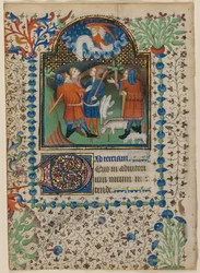 Levél egy Órakönyvből: Angyali üdvözlet a pásztoroknak recto és Text verso, c. 1410-20.