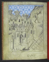 Add hozzá: 24189. f.16v, Sámson Gáza kapuit cipelve, páncélos katonák figyelték a városfalakról, és egy ablaknál Delila, a „Sir John Mandeville utazásainak képeskönyvéből”, 1410 körül (vellum)
