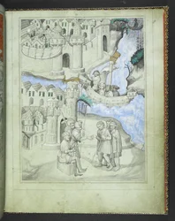 Add hozzá a 24189 f.8 zarándokokat, akik közelednek a városkapukhoz, a „Sir John Mandeville utazásainak képeskönyvéből”, 1410 körül (vellum)