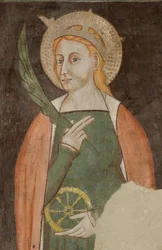 Északi kereszthajó, Szent Mihály arkangyal oltára, az oltárkép mögött Bonifacio Bembo, Alexandriai Szent Katalin freskói