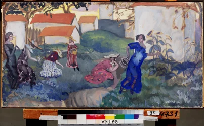 Nyár. Nők futnak és játszanak a kertben a házak előtt. Borisz Dmitrijevics Grigorjev (1886-1939) munkája, akvarell és gouache papíron