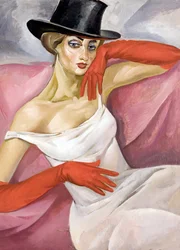 Hölgy cilinderben - Borisz Dmitrijevics Grigorjev (1886-1939) festménye, olaj, vászon (81,3x61,6 cm) - Magángyűjtemény