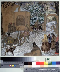 Illusztráció Alekszandr Puskin Dubrovszkij-regényéhez (1799-1837) (A. Puskin Dubrovszkij-regényének illusztrációja). Borisz Dmitrijevics Grigorjev (1886-1939) munkája, akvarell, gouache, tus és ceruza papíron
