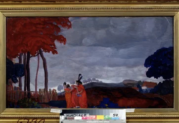 ""A fiatal lány fájdalma"" Két vörösbe öltözött nő veszi körül a harmadikat, akit legyengít a bánat. Borisz Grigorjev (1886-1939) festménye 1912 Regionális W. Wereshchagin Művészeti Múzeum, Mikolajiv