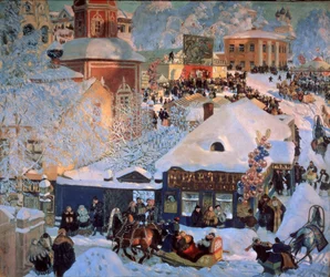 Tél, Mardi Gras (Winter, Schrovetide). Hagyományos ünnepségek egy vidéki város hófödte utcáin. A város épületeinek leírása mellett a léggömbhalmazok, a körhinta, a kocsmák kirakatai és a húzott szánok