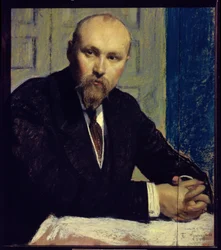 Nicolas Roerich (1874-1947) művész portréja (N.Roerich művész portréja). Borisz Michaylovich Kustodiev (Koustodiev) (1878-1927) művei, pasztell kartonon