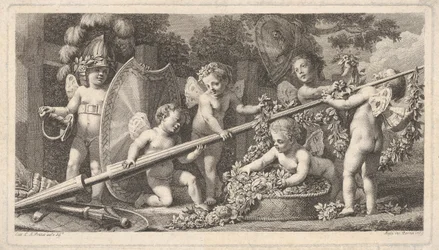 Hat putti játszik a Mars karjaival, négyen egy nagy lándzsát kapaszkodnak, egy a bal oldalon..., 1769.