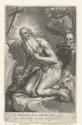 Betlehemi Szent Jeromos mint remete Dùm Bethlemiticis latitas (...) tibi tuta facis (cím a tárgyon) Remeték (sorozat címe) Ad sacrum speculum (...) patribus that ales (sorozat címe)