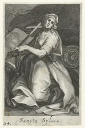 Római Szent Szilvia remetenőként Sancta Syluia (cím a tárgyon) Remetenők (sorozat címe) Sacra Eremus Ascetriarum (sorozat címe)