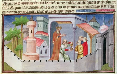Ms Fr 2810 f.17, Hassan i Sabbah Alamútban vezeti a beavatásokat, és kábítószerrel kevert bort ad követőinek, a „Livres des Merveilles du Monde” című műből, kb. 1410-12
