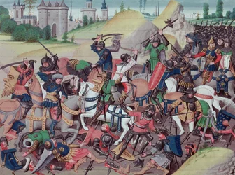 Ms 5089-90 Csata a szaracénok és a keresztények között a keresztes hadjáratok idején, David Aubert Chroniques des empereurs című művéből, 1462