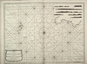 A La Manche csatorna bejáratának térképe, amely tartalmazza Cornwall és a Scilly-szigetek nyugati partvidékét, az összes beméréssel együtt