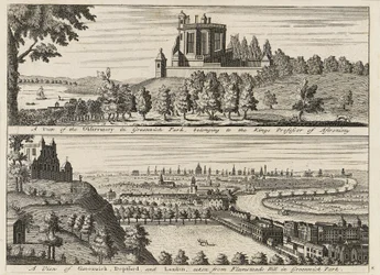 "A Greenwich Parkban lévő csillagvizsgáló látképe...[és] Deptford és London látképe a Greenwich Parkban lévő Flamsteed Hillről", 1750 körül (metszet).