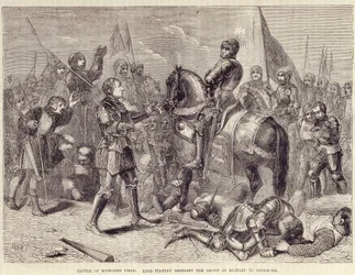 Bosworth-i csata mező. Lord Stanley III. Richard koronáját Richmondba viszi (1485): a két rózsa háborújának vége – „” Cassell illusztrált Anglia történelmében”, 2. köt. II, William Howitt