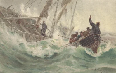 A kapitány és hűséges kutyája egy összetört hajóval lezuhan, miközben a legénység megszökik (színes litho)