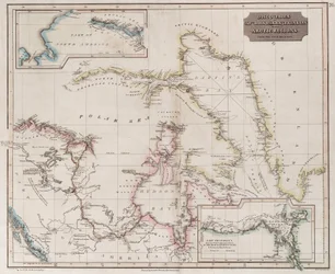 Ross, Parry és Franklin 1818-1827 közötti sarkvidéki felfedezéseit bemutató térkép, 1830 körül (színes metszet)