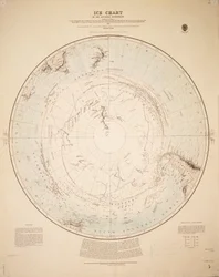 A déli félteke jégtérképe Cook 1772-5, Bellingshausen 1819-21... és Shackleton 1908-9 útjai alapján összeállítva.