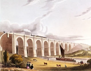 Ipari forradalom: kilátás a Sankey-völgyet átszelő vasúti viaduktra. A tábla a „” Liverpool & Manchester Railway”-ről származik, London 1832.