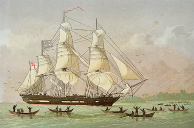 A „Duff” missziós hajó a déli-tengeri Otaheitébe érkezik, a Kronheim & Co. kiadása (színes litho)