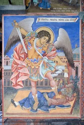 Bulgária, Rila kolostor, Szent Mihály arkangyal freskója a Szűz születésének templomában