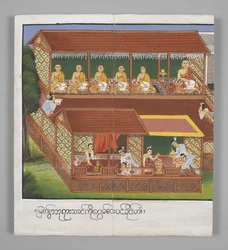 Vagy. 13534, f.18, Szerzetesek tálakkal, Jelenetek Buddha életéből (pergamen)