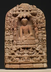 Sákjamuni Buddha (pirofillit) életének epizódjait ábrázoló emléktábla