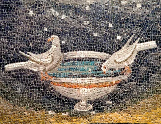 Bizánci művészet: „Galambok isznak a kútnál”. Mozaik részlete. Körülbelül 425. Galla Placidia (390-450), római császárné mauzóleuma. Ravenna, Olaszország