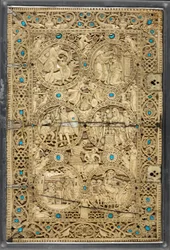 Egerton MS 1139 Felső borító jelenetekkel Dávid életéből, a Melisende Zsoltár királynőjéből, Jeruzsálem, 1131-40 körül (elefántcsont és türkiz)