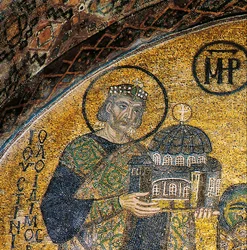 Justinianus császár bemutatja a Hagia Sophiát a Szűznek és a Gyermeknek (mozaik)