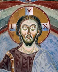 Pantokrátor Krisztus arca, Bizánci stílusú román freskók részlete, 11. század vége, Szent Eldrad és Szent Miklós kápolna, Novalesa apátság, Piemont, Olaszország