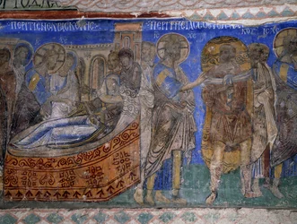 Simon Péter anyósának és bénult emberének gyógyulása, bizánci freskó (XII. század), Tokali Kilise (Csatos templom) (XII-XIII. század), Göreme (az Unesco világörökségi listája)