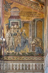 Jézus gyógyítja a púpos nőt a púpjáról, bizánci mozaik, Epizódok Krisztus életéből, XII-XIII. század (mozaik)