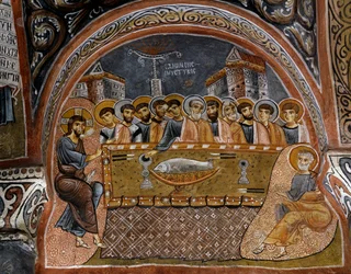 Utolsó vacsora, bizánci freskó (12. század), Karanlık Kilise (Sötét templom) (12-13. század), Göreme (az UNESCO világörökségi listája)