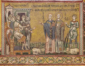Szent Cassius és Szent Casto a császár előtt, bizánci mozaik, XII-XIII. század, az ellenhomlokzaton (mozaik)