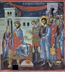 Ponce Pilate se lavant les mains - Pilátus kezet mos - bizánci mester - 16. század - Freskó - Dionüsziou kolostor, Athos-hegy