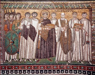 I. Justinianus császár és kísérete (hivatalnokok, őrök és papság), Kr.u. 547 körül (mozaik)