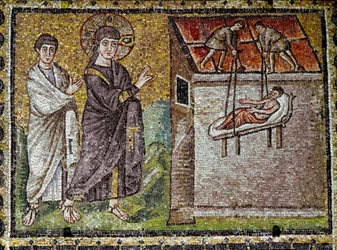 Jézus csodával határos módon meggyógyít egy bénát Kapernaumban. 6. századi mozaik. Sant