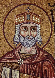 Dávid király (Kr. e. 10. század). Bizánci mester munkája, mozaik, a velencei Szent Márk-bazilika díszítésének részlete (Olaszország). Bizánci művészet, középkor. Szent Márk-bazilika, Velence.
