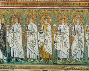 Szent Kelemen, Sixtus, Lőrinc, Hippolütosz, Kornéliusz vértanúk körmenete, mindannyian koronát viselnek - a vértanúk szimbóluma, 6. század (mozaik)