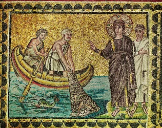 Jézus Krisztus második megjelenése a halászó apostoloknak a Galileai-tónál vagy Genezáreti-tónál, 6. század (mozaik)