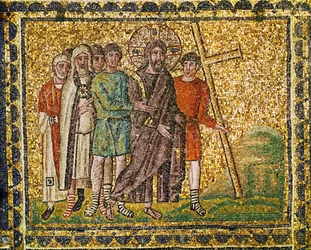 A kereszt hordozása. Krisztus, katonák és főpapok a Golgota felé vezető úton, 6. század (mozaik)