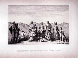 Homérosz énekel a népnek a Chian Strandon, B. Barloccini metszete, 1849