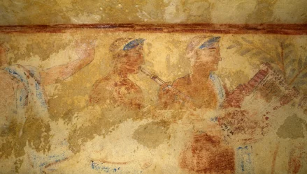 Zenészek, freskó, részlet, Kék démonok sírja, Tarquinia nekropolisza (UNESCO Világörökségi Lista, 2004), Lazio, Olaszország. Etruszk civilizáció, ie 5. század (fotó)
