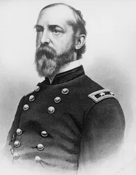 George Gordon Meade (1815-1872), az Egyesült Államok hadseregének tábornokának és építőmérnökének portréja, aki kritikus szerepet játszott az amerikai polgárháborúban azzal, hogy legyőzte a konföderációs hadsereget Gettysburgban, metszet a fénykép után