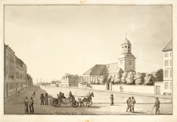 Kilátás a Sankt Annæ térre a Garrison templommal