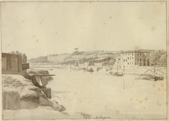 Kilátás a Tiberisre a Porto di Ripa Grande és a Porta Portese felé a Monte Aventino alatti partról, Róma.
