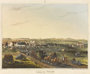 Genappe faluja, „A waterlooi csata történelmi beszámolója”, James Rouse metszete, 1817-es színes akvatinta