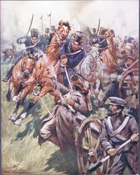 Kozák és orosz orsó a szablyaütésből, illusztráció a „Híres harcok balladáiból”, 1900 körül (színes litó)
