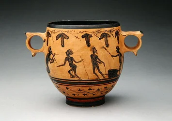 Skyphos paródiajelenetekkel, ie 430-410 körül (kerámia) (lásd még: 288251)