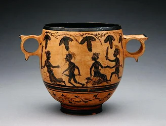 Skyphos paródiajelenetekkel, ie 430-410 körül (kerámia) (lásd még: 307555)